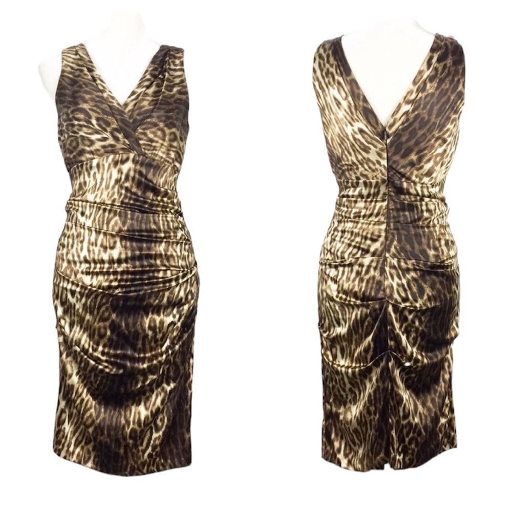 Y2K SILK CACHE Leopard Animal Print Dress SZ 0 Deep v neckline NWOT Bodycon